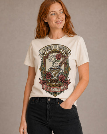Powered by Caffeine & Fictional Men — Women's Tee