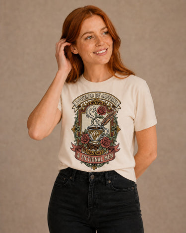 Powered by Caffeine & Fictional Men — Women's Tee